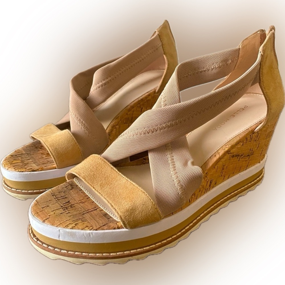 Women’s Beige Cork Wedge Sandals with Elastic Cross Straps